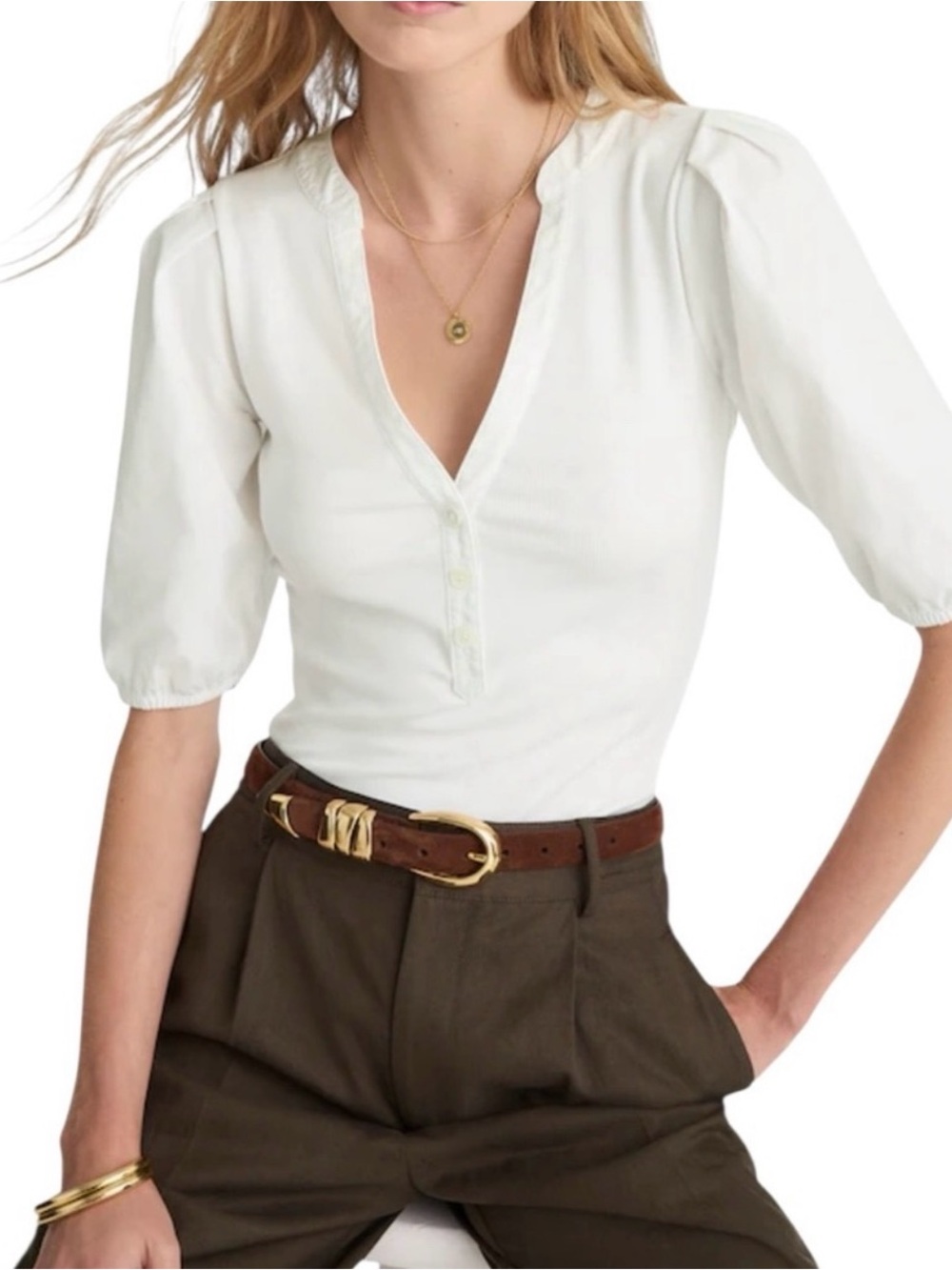 MADEWELL Puff-Sleeve Henley Knit Top - size Large